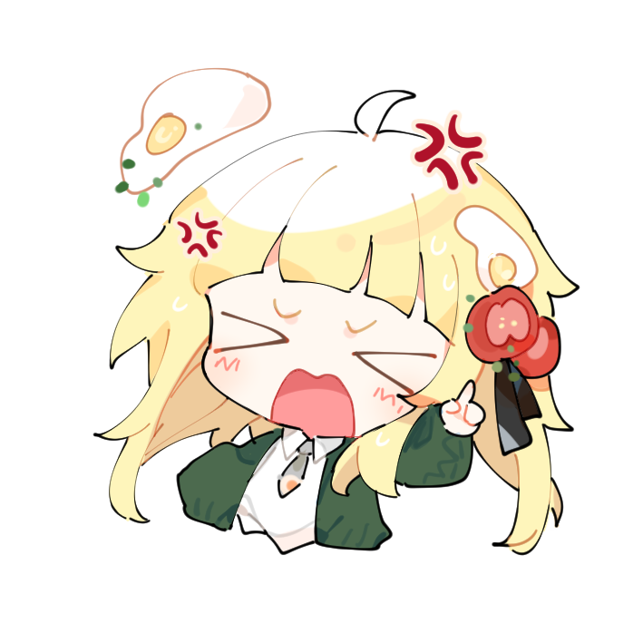 &gt;_&lt; 1girl ahoge anger_vein arm_up black_ribbon blonde_hair blunt_bangs blush cardigan chinese_commentary collared_shirt commentary_request cropped_torso egg_hair_ornament food-themed_hair_ornament fried_egg green_cardigan hair_ornament hair_ribbon index_finger_raised long_sleeves medium_hair necktie niko_(nikooo2016) open_mouth original ribbon shirt solo tomato_hair_ornament transparent_background upper_body white_shirt