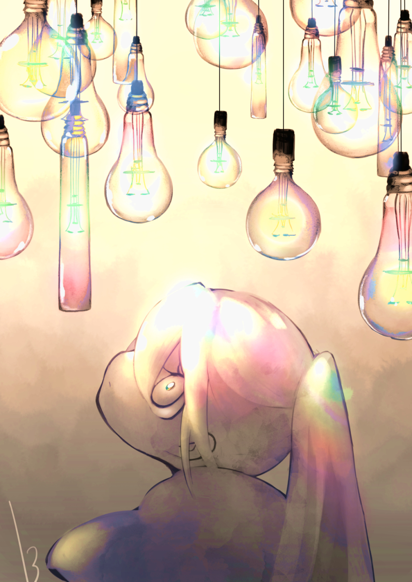 13_31n 1girl bright_pupils closed_mouth colored_lights colorful expressionless from_side gradient_background hair_between_eyes hanging_light hatsune_miku head_back highres light_bulb long_hair looking_up portrait profile signature solo too_many twintails vocaloid wide-eyed