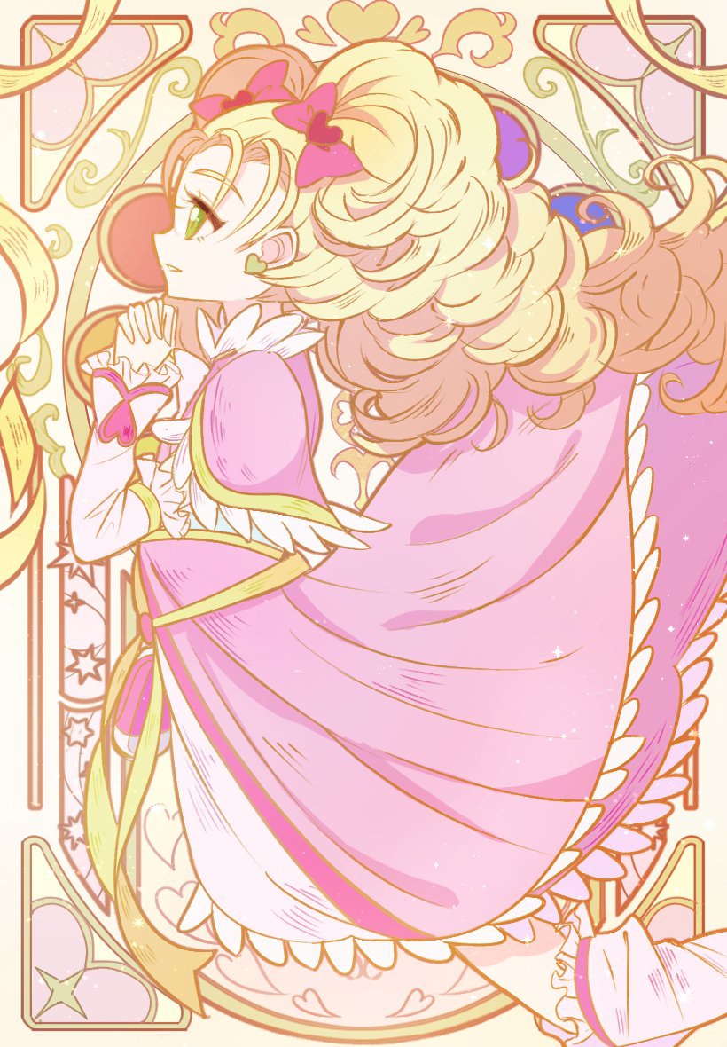 1girl art_nouveau blonde_hair bow dress earrings eyelashes from_side futari_wa_precure futari_wa_precure_max_heart green_eyes heart heart_earrings jewelry kujou_hikari long_hair long_sleeves magical_girl own_hands_clasped own_hands_together parted_lips pink_dress precure red_bow ribbon shiny_luminous solo sun_v_9 twintails white_footwear yellow_ribbon