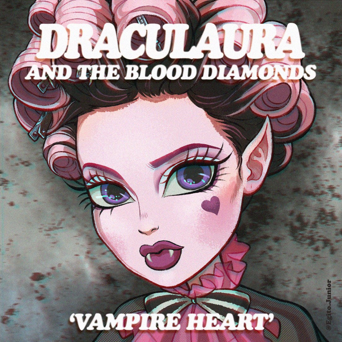 1girl album_cover album_name colored_skin cover draculaura egitojuniior english_text fangs grey_background hair_ornament hairclip heart heart_tattoo looking_at_viewer monster_high parody pink_eyebrows pink_lips pink_skin pointy_ears signature tattoo thick_lips title_parody vampire violet_eyes