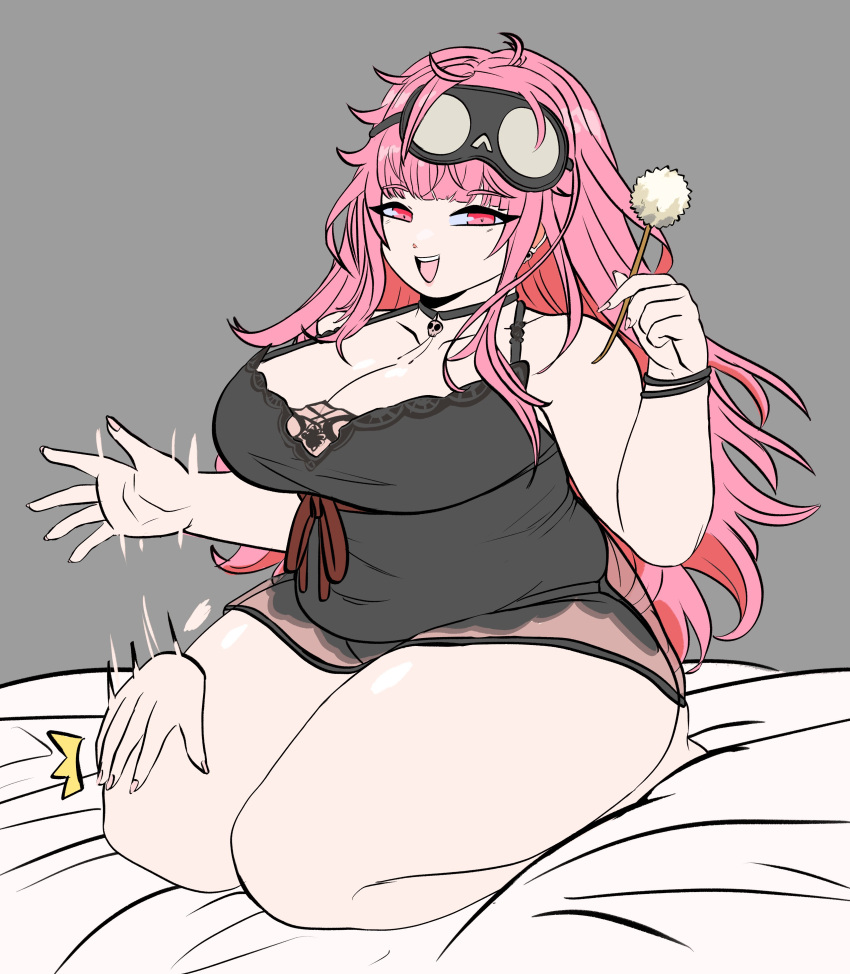 1girl breasts cleavage fat fingernails hololive hololive_english large_breasts long_hair looking_at_viewer mori_calliope motion_lines nightwear open_mouth peagade pink_eyes pink_hair plump sitting solo thick_thighs thighs wide_hips