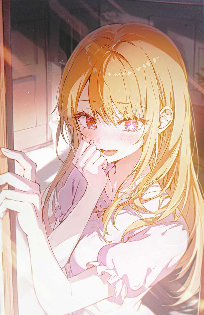 1girl blonde_hair blush collarbone fang highres hoshino_ruby indoors light_rays long_hair looking_at_viewer mismatched_pupils oshi_no_ko pink_shirt puffy_short_sleeves puffy_sleeves red_eyes shirt short_sleeves smile solo star-shaped_pupils star_(symbol) straight_hair symbol-shaped_pupils tokkyu upper_body very_long_hair