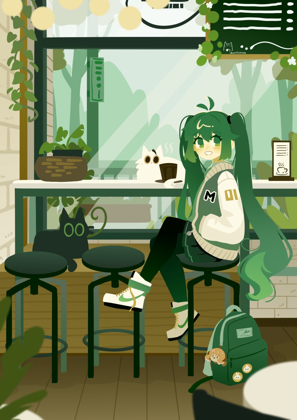 1girl backpack bag bag_removed black_pantyhose blush brown_eyes cafe cat commentary cowlick crossed_legs cup green_eyes green_hair green_jacket green_skirt hatsune_miku highres indoors jacket letterman_jacket long_hair looking_at_viewer megurine_luka nike nike_air_force_1 pantyhose parted_lips plant pleated_skirt potted_plant projecttiger shoes sitting skirt smile sneakers solo stool symbol-only_commentary takoluka tree twintails very_long_hair vocaloid
