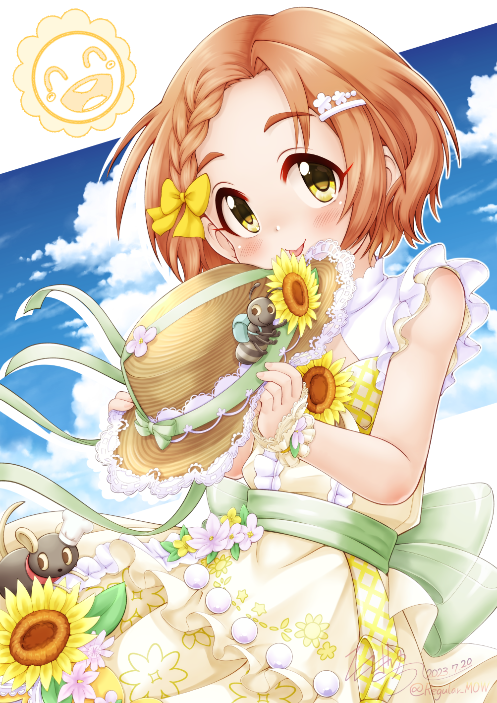 1girl :p blue_sky blush bow braid braided_bangs brown_hair brown_headwear closed_mouth clouds cloudy_sky commentary_request day dress flower hair_bow hair_ornament hairclip hat hat_removed headwear_removed highres holding holding_clothes holding_hat idolmaster idolmaster_cinderella_girls idolmaster_cinderella_girls_starlight_stage parted_bangs regular_mow ryuzaki_kaoru signature sky sleeveless sleeveless_dress smile solo sun_symbol sunflower thick_eyebrows tongue tongue_out twitter_username white_dress wrist_cuffs yellow_bow yellow_eyes yellow_flower