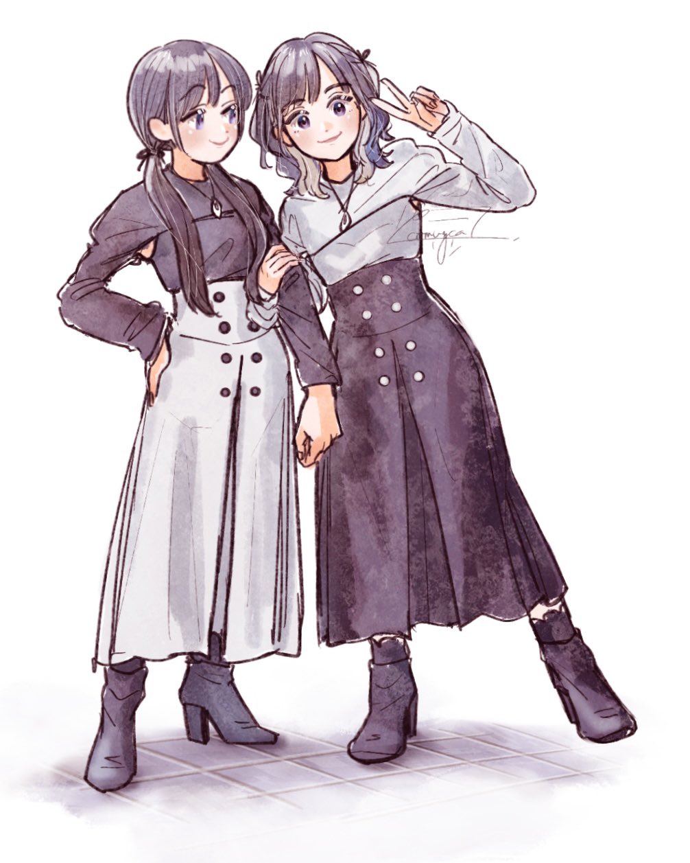 2girls arm_at_side arm_hug armpit_cutout artist_name assault_lily black_footwear black_hair black_ribbon black_shirt black_skirt blue_eyes blush boots buttons clothing_cutout commentary grey_hair hair_over_shoulder hair_ribbon hand_on_own_hip hands_up high-waist_skirt high_heel_boots high_heels highres jewelry komuzuka leaning_to_the_side long_hair long_skirt long_sleeves looking_at_another looking_at_viewer looking_to_the_side low_twintails medium_hair multicolored_hair multiple_girls nanami_tororo necklace official_alternate_costume pendant real_life ribbon seto_veronica_ichika shirt side-by-side signature skirt sleeves_past_wrists standing standing_on_one_leg streaked_hair swept_bangs symbol-only_commentary tile_floor tiles twintails two-tone_hair v violet_eyes voice_actor voice_actor_connection white_background white_shirt white_skirt
