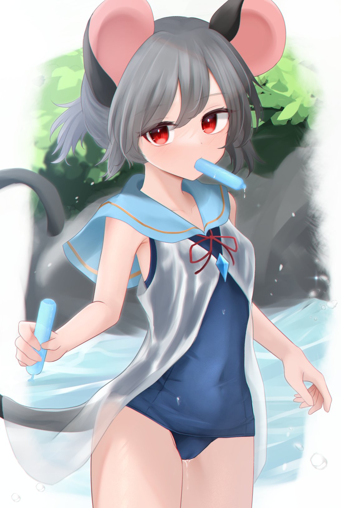 1girl animal_ears blue_one-piece_swimsuit cowboy_shot dakuazu grey_hair hair_between_eyes highres jewelry mouse_ears mouse_tail mouth_hold nazrin one-piece_swimsuit pendant red_eyes see-through short_hair solo swimsuit tail touhou wet