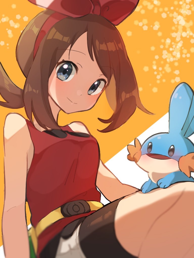 1girl bike_shorts bike_shorts_under_shorts blurry bow_hairband brown_hair closed_mouth commentary_request eyelashes fanny_pack grey_eyes hairband hottomiruku looking_at_viewer looking_down may_(pokemon) mudkip pokemon pokemon_(creature) pokemon_(game) pokemon_oras red_hairband red_shirt shirt shorts sleeveless sleeveless_shirt smile yellow_bag