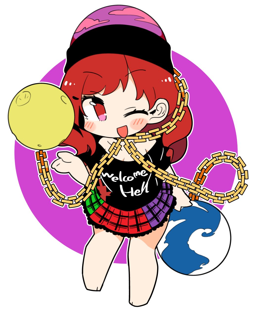 1girl barefoot black_headwear black_shirt blush chain earth_(ornament) full_body hecatia_lapislazuli highres ini_(inunabe00) moon_(ornament) multicolored_clothes multicolored_skirt off-shoulder_shirt off_shoulder one_eye_closed open_mouth polos_crown red_eyes redhead shirt short_hair short_sleeves skirt smile solo touhou