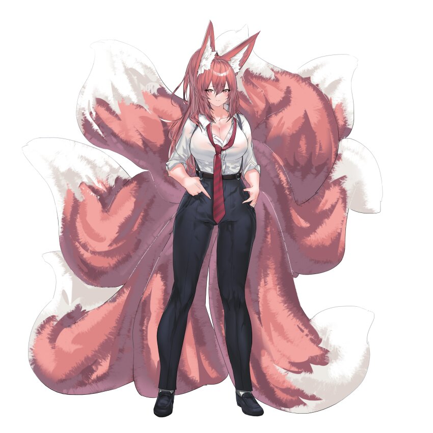 1girl animal_ear_fluff animal_ears belt black_footwear breasts cleavage collarbone collared_shirt fluffy fox_ears fox_girl fox_tail hand_on_hip highres kitsune large_breasts matching_hair/eyes multiple_tails necktie office_lady original pants pink_eyes pink_hair shirt shoes socks soles tail thighs white_shirt