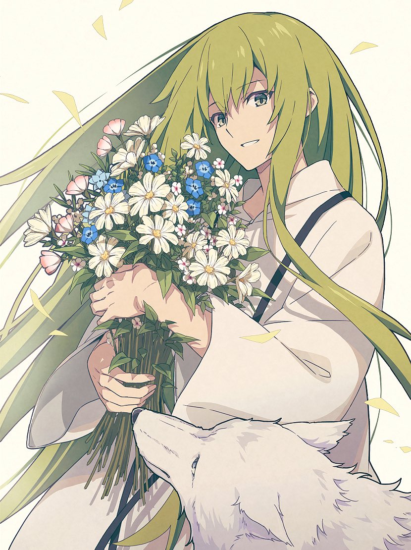 1other androgynous blue_flower bouquet commentary_request daisy enkidu_(fate) fate_(series) flower green_eyes green_hair holding holding_bouquet long_hair long_sleeves looking_at_viewer petals pink_flower robe sidelocks simple_background smile upper_body very_long_hair white_background white_flower white_robe wolf yuuki10614