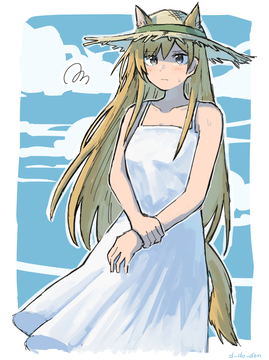 1girl animal_ears artist_name bare_shoulders blonde_hair breasts character_request clouds collarbone commentary_request copyright_request donki_(yeah) dress ears_through_headwear extra_ears grey_eyes hand_on_own_wrist hat highres light_blush long_hair medium_breasts outdoors sky solo straw_hat sundress sweatdrop tail very_long_hair white_dress