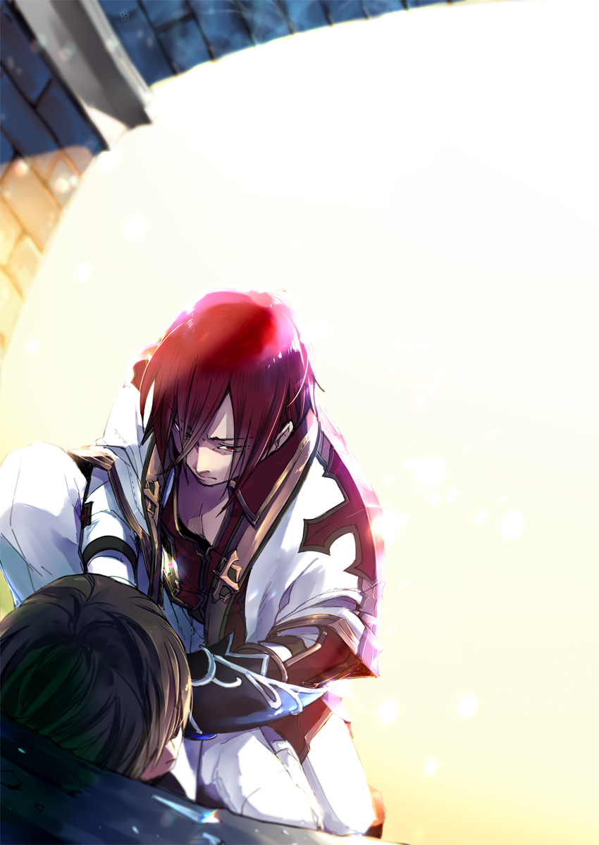 2boys arch arch_bishop_(ragnarok_online) brown_hair capelet closed_mouth collared_shirt commentary_request cross full_body gold_trim hair_between_eyes hair_over_one_eye highres long_bangs looking_at_another male_focus mit_(necomit) multiple_boys official_alternate_costume pants pectoral_cleavage pectorals pinned ragnarok_online red_eyes red_shirt redhead shirt short_hair tackled white_capelet white_pants white_shirt