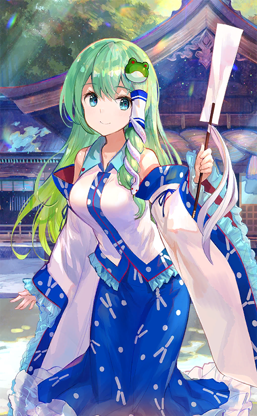 1girl bare_shoulders blue_collar blue_eyes blue_ribbon blue_skirt breasts closed_mouth collar collared_shirt detached_sleeves frilled_shirt_collar frilled_skirt frilled_sleeves frills frog_hair_ornament fuzichoco gohei green_hair hair_ornament holding holding_gohei kochiya_sanae large_breasts leaning_forward long_hair long_sleeves looking_at_viewer moriya_shrine nontraditional_miko official_art outdoors path ribbon shirt single_hair_tube single_sidelock skirt sleeve_ribbon sleeveless sleeveless_shirt sleeves_past_wrists smile snake_hair_ornament sunlight touhou touhou_cannonball tree white_shirt white_sleeves wide_sleeves