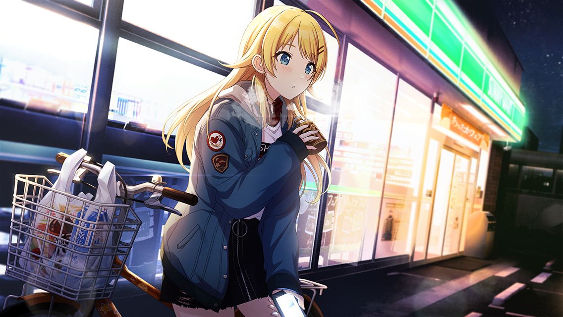 1girl ahoge bag bicycle bicycle_basket black_skirt blonde_hair blue_eyes blue_jacket blurry blush bottle breath brown_shirt cellphone collared_shirt convenience_store cowboy_shot depth_of_field game_cg grocery_bag hachimiya_meguru hair_flaps hair_ornament hairclip hand_up holding holding_bottle holding_phone idolmaster idolmaster_shiny_colors jacket layered_shirt leaning_on_object lens_flare long_hair looking_ahead night official_art open_clothes open_jacket outdoors parking_lot parted_lips patch phone shirt shop shopping_bag sidelocks skirt smartphone solo star_(sky) storefront white_shirt