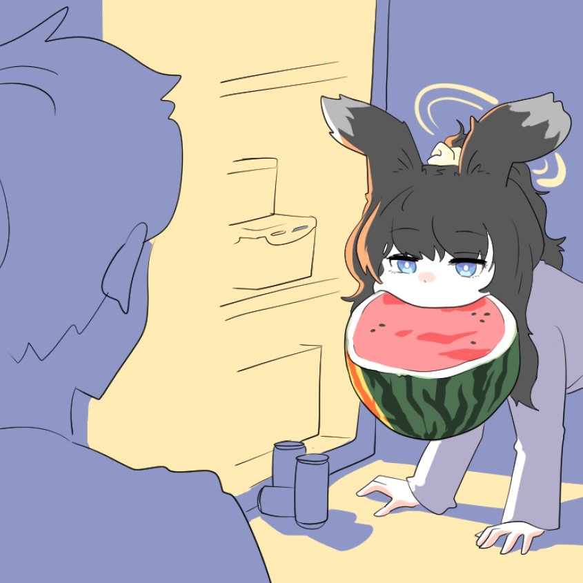 1girl 1other all_fours black_hair blue_archive commentary_request food food_in_mouth fruit grey_shirt halo hibiki_(blue_archive) korean_commentary long_sleeves mouth_hold nagune refrigerator shirt watermelon
