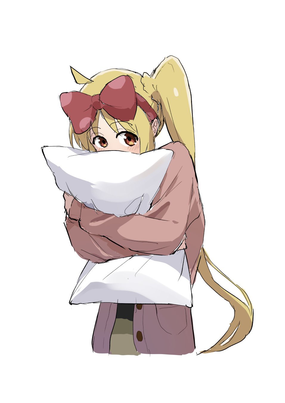 1girl ahoge blonde_hair blush bocchi_the_rock! bow bow_hairband brown_jacket commentary covering_mouth cropped_torso hairband highres ijichi_nijika jacket long_hair long_sleeves looking_at_viewer looking_to_the_side object_hug ookiiayu pillow pillow_hug polka_dot polka_dot_bow red_bow red_eyes side_ponytail simple_background upper_body white_background