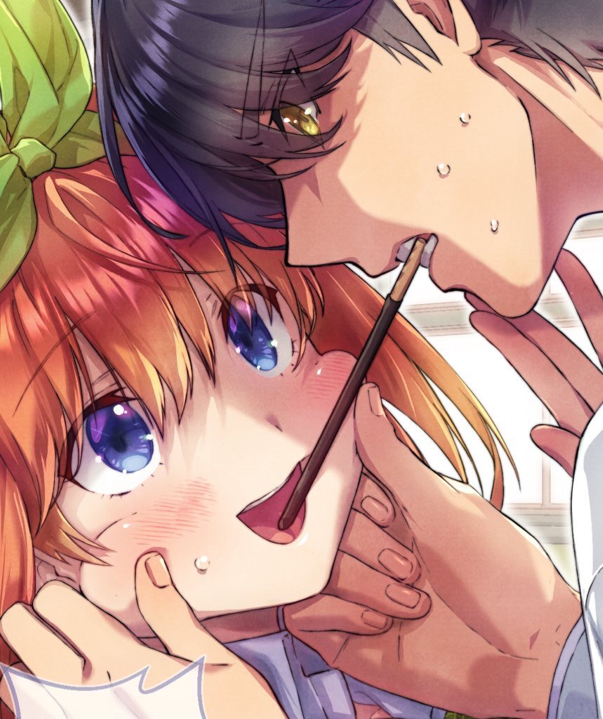 1boy 1girl 2022 :d black_hair blue_eyes blush cheek_pinching close-up commentary_request couple dated_commentary eye_contact eyelashes eyes_visible_through_hair fingernails food_in_mouth go-toubun_no_hanayome green_ribbon hair_between_eyes hair_ribbon hands_on_another's_cheeks hands_on_another's_face hetero incoming_pocky_kiss looking_at_another nakano_yotsuba nervous_smile nervous_sweating open_mouth orange_hair pinching pocky_day pocky_in_mouth ribbon short_hair shy smile straight_hair sweat swept_bangs teeth uesugi_fuutarou upper_teeth_only upturned_eyes yellow_eyes yu_(flowerbird3830)