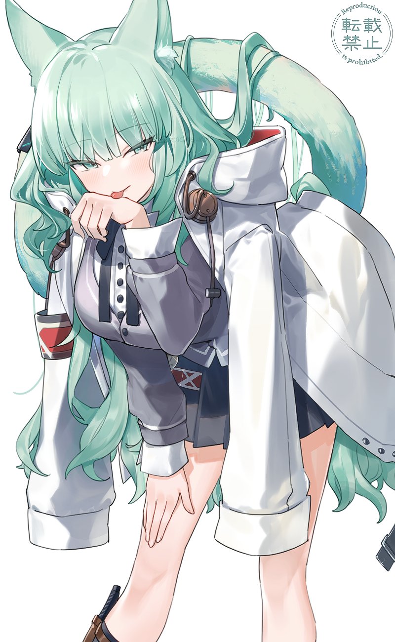 1girl animal_ear_fluff animal_ears arknights armband bad_hands bent_over bow bowtie breasts cardigan cat_ears cat_tail coat coat_on_shoulders commentary english_text feet_out_of_frame geta_(epicure_no12) green_eyes green_hair grey_cardigan grey_skirt hand_on_own_leg hand_up harmonie_(arknights) highres large_breasts licking licking_hand long_hair long_sleeves paw_pose pleated_skirt sidelocks skirt smile solo tail tongue tongue_out very_long_hair white_coat