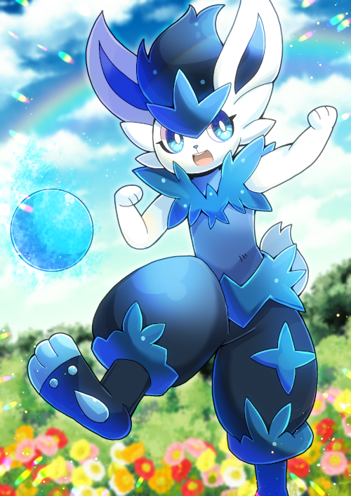 :d alternate_color alternate_shiny_pokemon animal_ears ball black_pants blue_eyes blue_shirt blue_sky blurry blurry_background cinderace clouds cloudy_sky commentary_request commission day depth_of_field flower kou_hiyoyo orange_flower outdoors pants pink_flower pokemon pokemon_(creature) puffy_pants rabbit_ears rabbit_tail rainbow red_flower shirt skeb_commission sky sleeveless sleeveless_shirt smile solo standing standing_on_one_leg tail white_flower yellow_flower