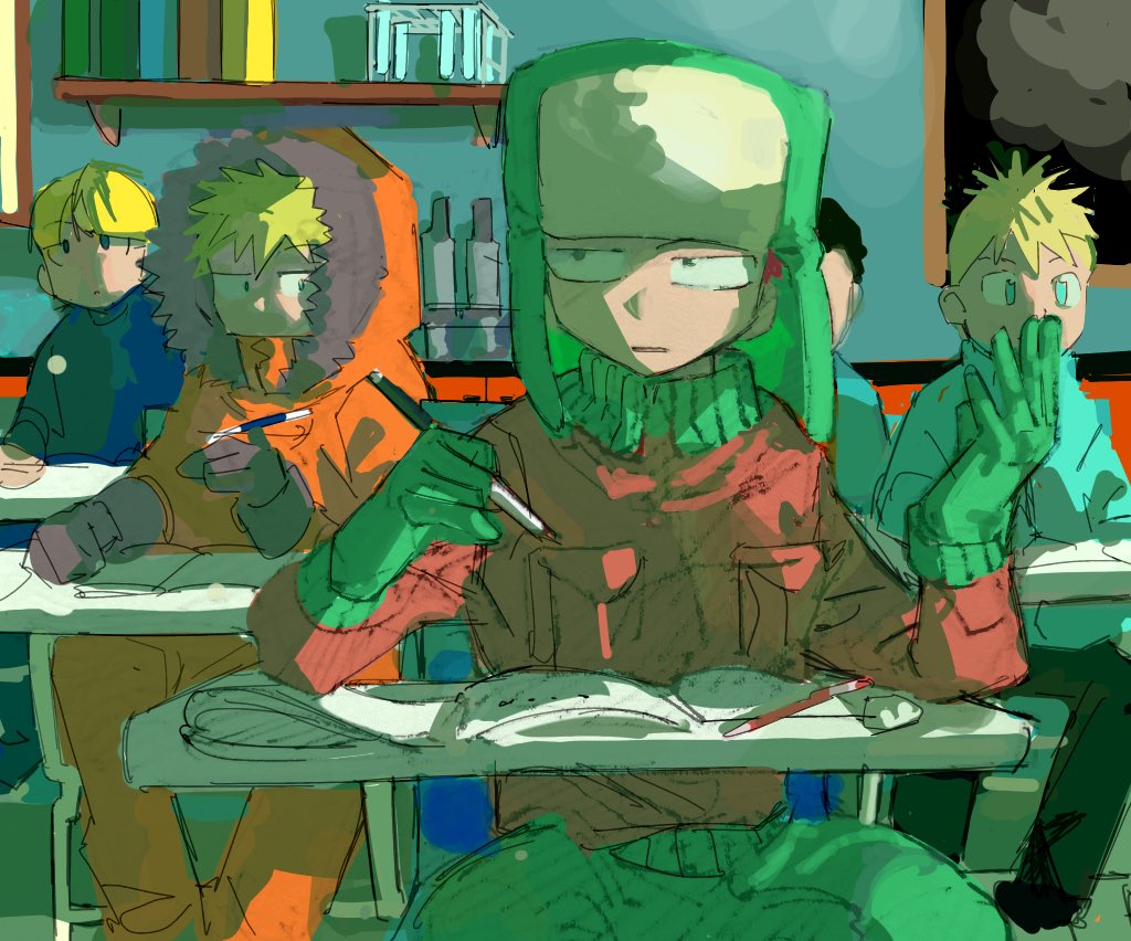 5boys blonde_hair blue_eyes book book_stack bookshelf butters_stotch character_request child classroom commentary commentary_request desk facing_viewer fur_hat gloves green_gloves green_headwear green_pants hat hood hood_up jacket kenny_mccormick kyle_broflovski male_child male_focus multiple_boys on_chair open_book orange_jacket painting_(medium) pants pen puretoma02 school_desk sitting south_park stan_marsh traditional_media