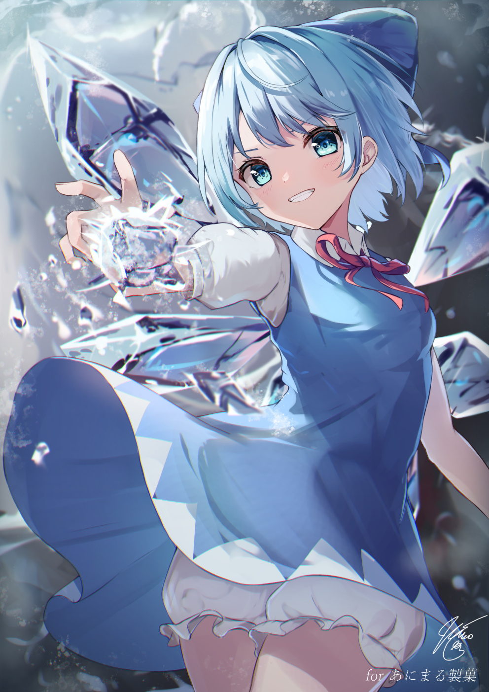 1girl bloomers blue_bow blue_dress blue_eyes blue_hair blush bow cirno collared_shirt cowboy_shot dress fairy grin hair_bow highres ice ice_wings niko_kusa shirt short_hair short_sleeves signature smile solo touhou underwear white_bloomers white_shirt wings