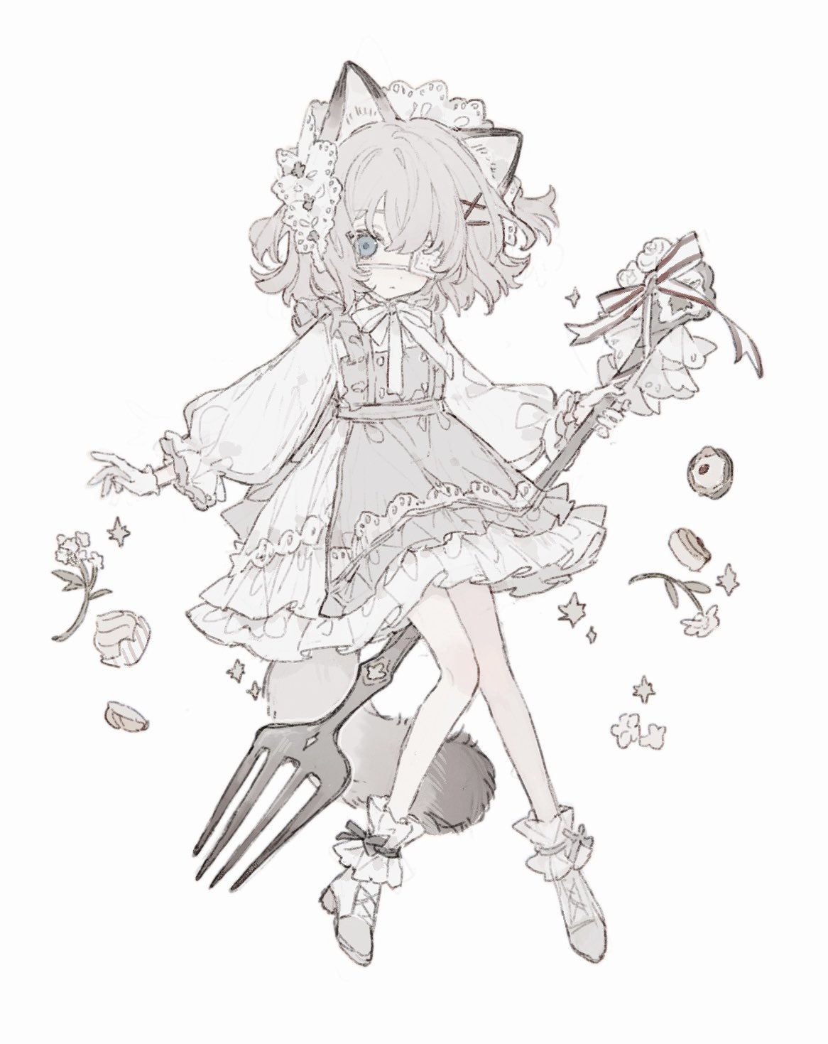1girl animal_ears apron blue_eyes cat_ears cat_girl cat_tail closed_mouth cupcake dress eyepatch flower food fork frilled_apron frilled_dress frilled_sleeves frills gloves grey_apron grey_hair hair_ornament hairclip highres holding holding_fork koirariko long_sleeves maid_headdress medical_eyepatch medium_hair original oversized_object puffy_long_sleeves puffy_sleeves scone shoes simple_background socks solo sparkle tail two_side_up white_apron white_background white_footwear white_gloves white_socks x_hair_ornament