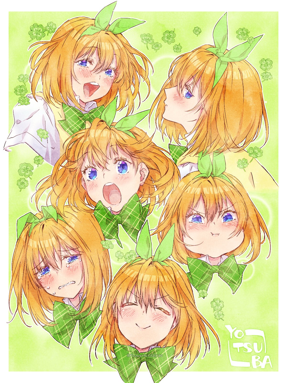 1girl :i ^_^ angry blush bow character_name closed_eyes closed_mouth clover commentary_request crying crying_with_eyes_open double-parted_bangs expressionless eyelashes facing_viewer floating_hair four-leaf_clover furrowed_brow go-toubun_no_hanayome green_background green_bow green_ribbon hair_between_eyes hair_ribbon half-closed_eyes happy highres looking_at_viewer medium_hair multiple_views nakano_yotsuba open_mouth orange_hair plaid plaid_bow pout profile ribbon sad shirt simple_background smile smug solo surprised sweater_vest tears teeth twitter_username upper_teeth_only v-shaped_eyebrows white_shirt wide-eyed yellow_sweater_vest yu_(flowerbird3830)