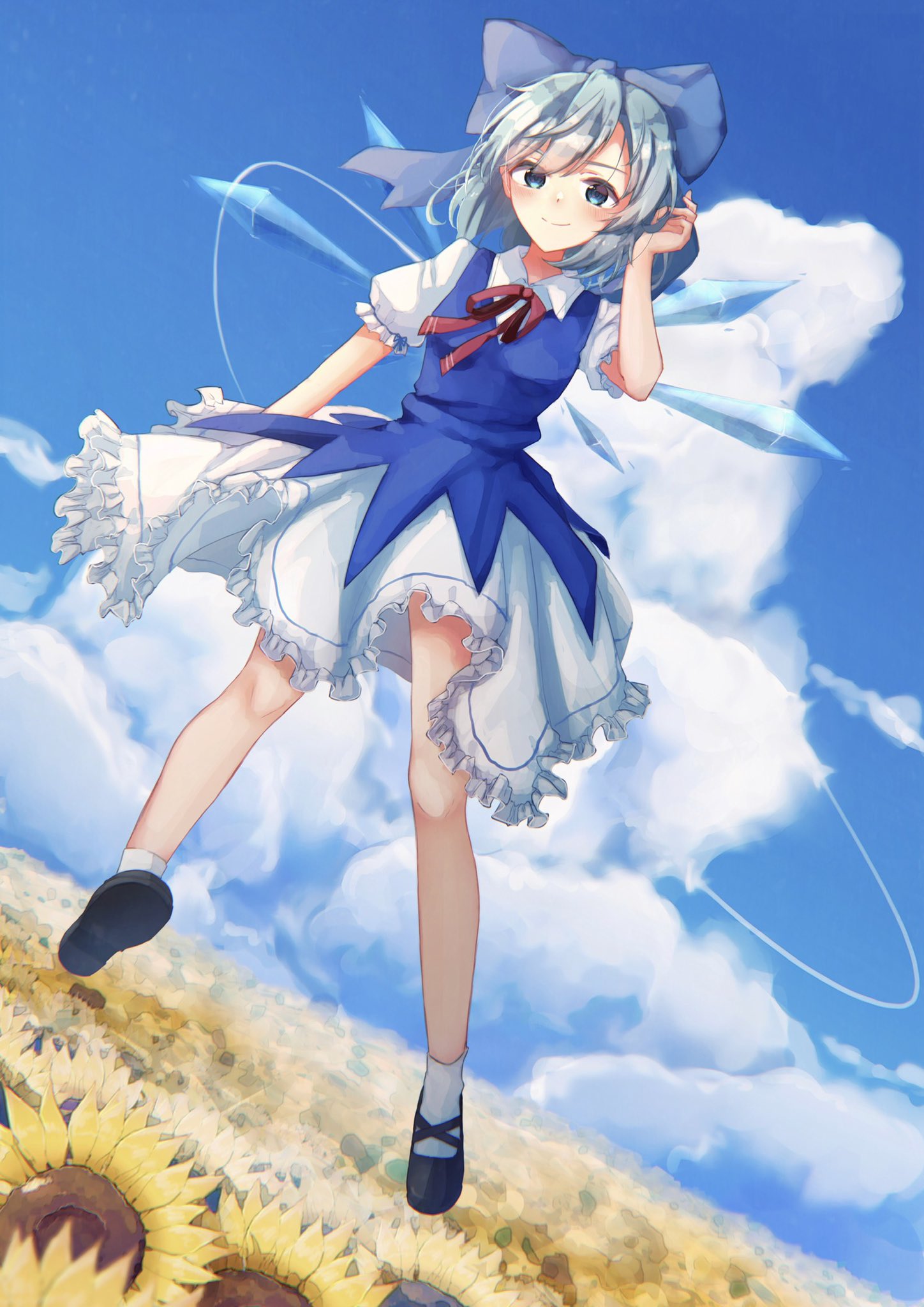 1girl blue_sky bo_cota cirno clouds cloudy_sky day flower flying garden_of_the_sun highres light light_smile looking_at_viewer outdoors scenery sky solo sunflower touhou