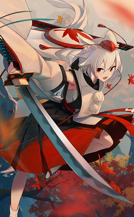 1girl animal_ear_fluff animal_ears attack autumn_leaves black_gloves black_skirt branch detached_sleeves falling_leaves fami_(yellow_skies) fingerless_gloves flying fog geta gloves hat holding holding_sheath holding_sword holding_weapon inubashiri_momiji leaf leg_up long_sleeves looking_at_viewer maple_leaf medium_skirt mountain official_art open_mouth outdoors pom_pom_(clothes) red_eyes red_headwear red_skirt red_tie sheath shield shirt short_hair skirt sleeveless sleeveless_turtleneck socks sword tabi tail tassel teeth tengu-geta tokin_hat touhou touhou_cannonball turtleneck two-tone_skirt upper_teeth_only v-shaped_eyebrows weapon white_hair white_shirt white_socks wide_sleeves wolf_ears wolf_tail
