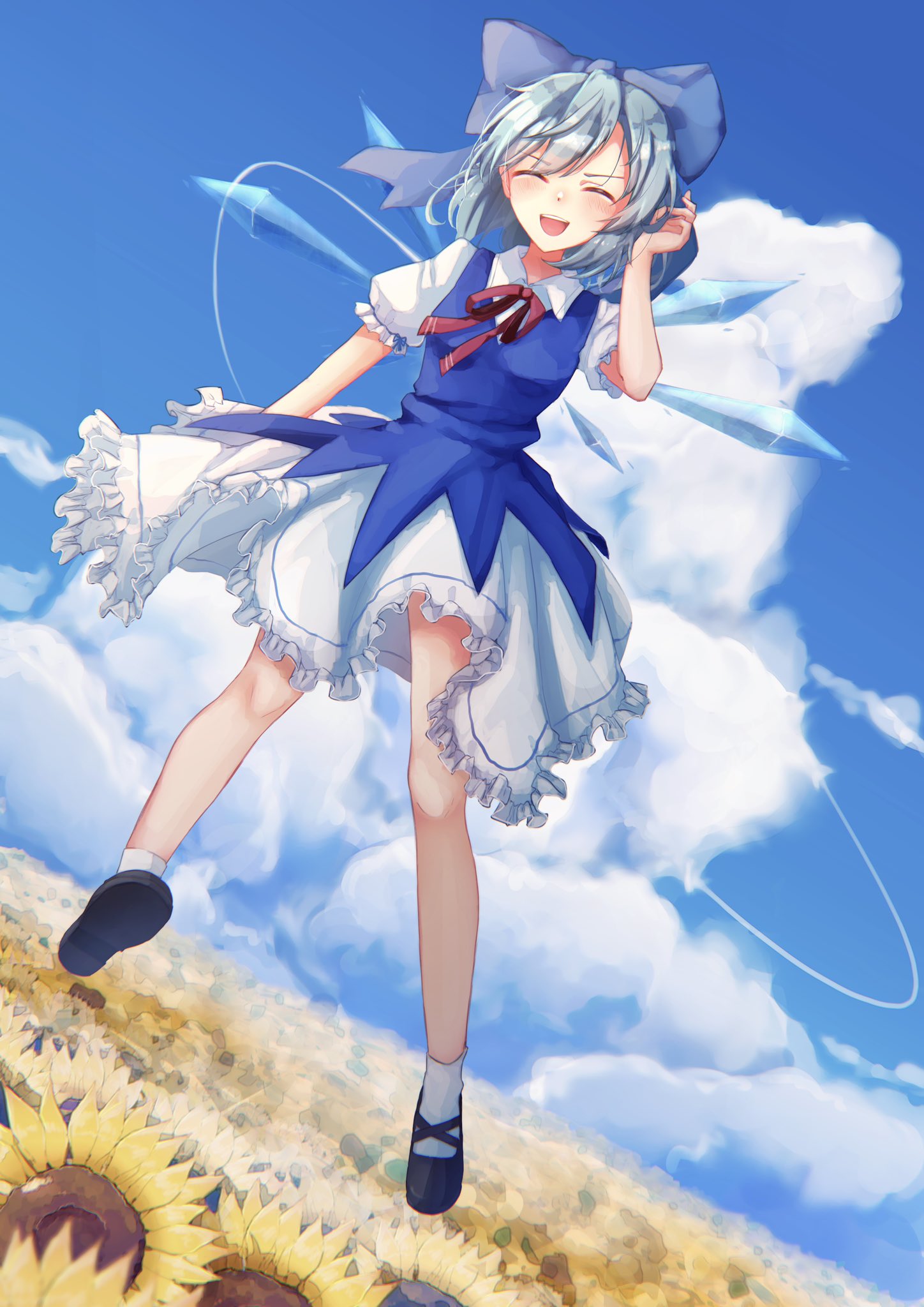 1girl blue_sky bo_cota cirno closed_eyes clouds cloudy_sky day flower flying garden_of_the_sun highres light looking_at_viewer open_mouth outdoors scenery sky smile solo sunflower touhou