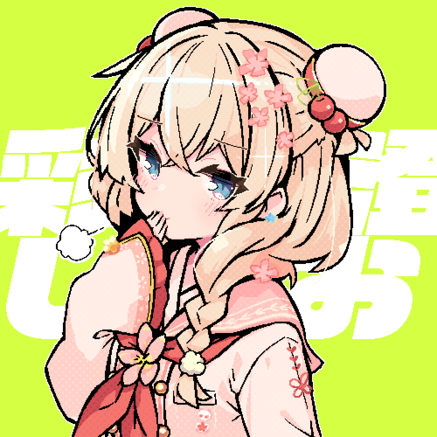 1girl =3 asumi_shuo blonde_hair blue_eyes blush braid bun_cover character_name cherry_blossoms closed_mouth commentary_request crossed_bangs demusato_(udmp) double_bun earrings flower furrowed_brow green_background hair_bun hair_flower hair_ornament hair_over_shoulder halftone hand_to_own_mouth highres jewelry long_hair long_sleeves looking_at_viewer neck_flower neckerchief pink_flower pink_nails pink_sailor_collar pink_shirt pixel_art red_neckerchief sailor_collar shirt sideways_glance sleeves_past_wrists smug solo sparkle star_(symbol) star_earrings translation_request upper_body voicepeak
