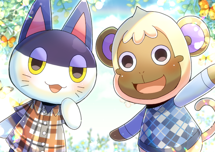:d animal_crossing animal_ears argyle blurry blurry_background blush cat_ears collared_shirt commentary_request commission deli_(animal_crossing) depth_of_field dress_shirt furry kou_hiyoyo long_sleeves looking_at_viewer monkey_ears monkey_tail plaid plaid_shirt punchy_(animal_crossing) shirt short_sleeves skeb_commission smile sweater_vest tail white_shirt