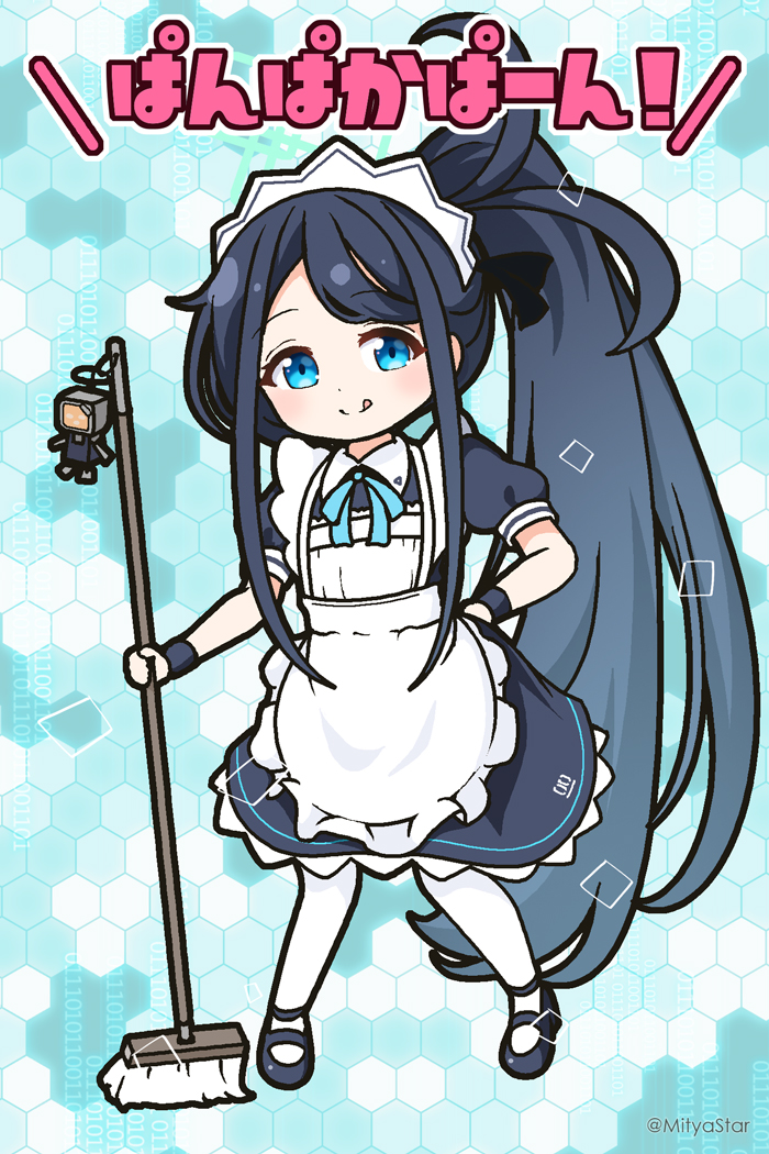 &lt;key&gt;_(robot)_(blue_archive) 1girl :q apron aris_(blue_archive) aris_(maid)_(blue_archive) black_dress black_footwear black_hair blue_archive blue_eyes blue_ribbon broom collared_dress commentary_request dress frilled_apron frills hand_on_own_hip high_ponytail long_hair maid maid_apron maid_headdress mitya neck_ribbon pantyhose parted_bangs ponytail puffy_short_sleeves puffy_sleeves ribbon shoes short_sleeves solo tongue tongue_out translation_request twitter_username very_long_hair white_apron white_pantyhose wrist_cuffs