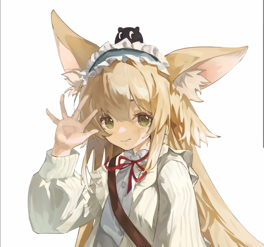 1girl animal_ear_fluff animal_ears arknights black_cat blonde_hair blue_hairband ca_zi cardigan cat chinese_commentary closed_mouth commentary_request crossover fox_ears fox_girl fox_tail frilled_hairband frills green_eyes hairband heixiu long_sleeves looking_at_viewer luo_xiaohei_zhanji multiple_tails neck_ribbon official_alternate_costume on_head open_cardigan open_clothes puffy_long_sleeves puffy_sleeves red_ribbon ribbon shirt simple_background solo suzuran_(arknights) suzuran_(spring_praise)_(arknights) tail upper_body waving white_background white_cardigan white_shirt