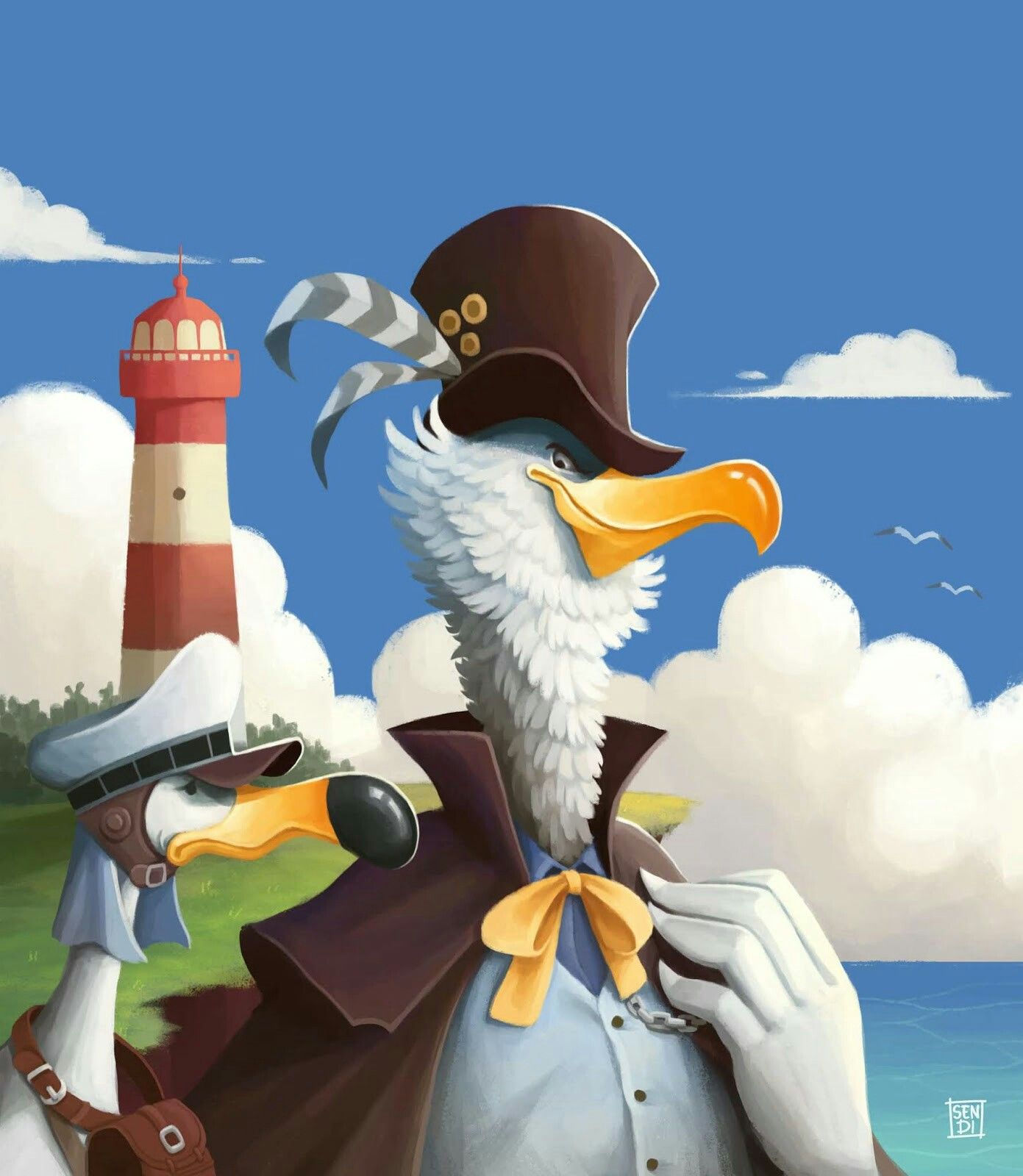 1boy animal bag bird black_cape black_headwear blue_shirt bow cape clouds cloudy_sky day from_side hat hat_feather highres lighthouse morgans_(one_piece) one_piece outdoors realistic seagull sen-di shirt signature sky top_hat yellow_bow