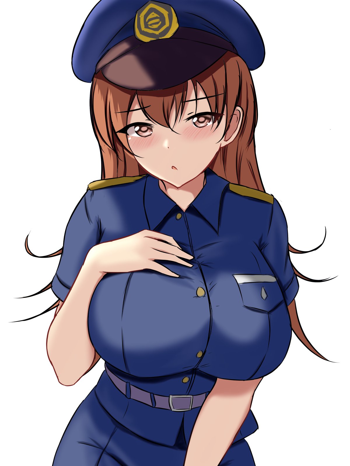 1girl breasts brown_eyes brown_hair hand_on_own_chest hat highres kantai_collection large_breasts montemasa ooi_(kancolle) pocket police police_hat police_uniform policewoman solo uniform