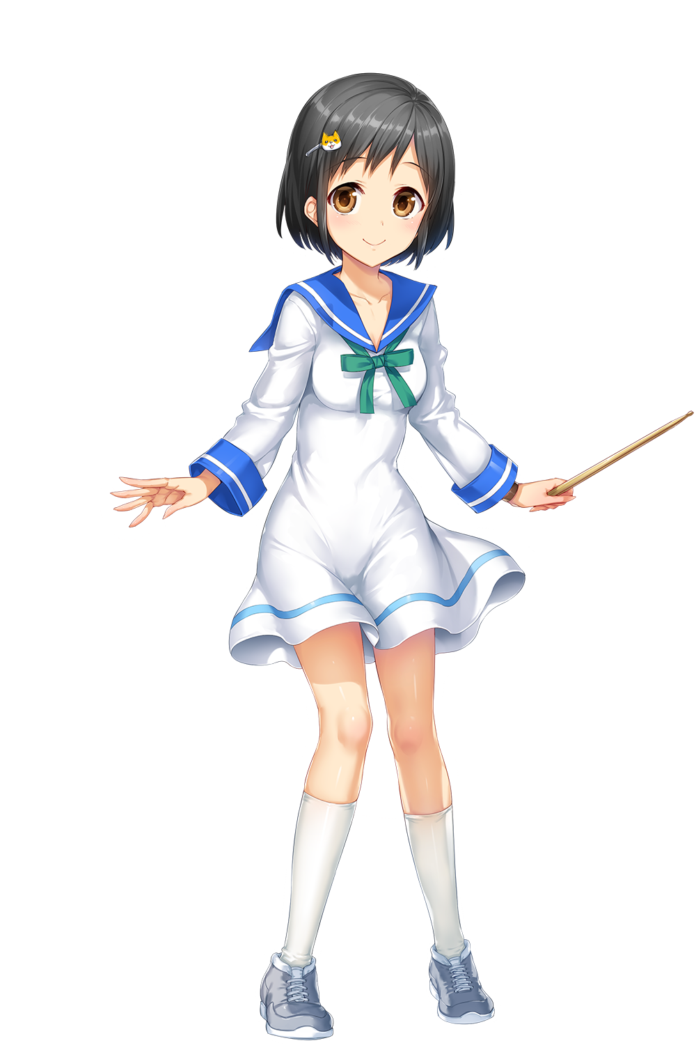 1girl arms_at_sides black_hair blue_sailor_collar bow breasts brown_eyes closed_mouth dog_hair_ornament dress drumsticks green_bow grey_footwear hair_ornament hairpin highres irodorimidori kneehighs long_sleeves looking_at_viewer official_art ono_minae sailor_collar sailor_dress shoes short_hair small_breasts smile sneakers socks solo standing transparent_background white_dress white_socks