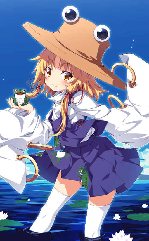 animal animal_print blonde_hair blue_sky blush brown_headwear closed_mouth clouds frog frog_print hair_ribbon hat holding holding_animal jewelry lily_pad long_sleeves looking_at_viewer miniskirt moriya_suwako official_art outdoors partially_submerged purple_skirt purple_vest red_ribbon ribbon ring shirt short_hair sidelocks skirt sky smile thigh-highs third-party_source touhou touhou_cannonball turtleneck ugume vest water_lily_flower white_shirt white_thighhighs wide_sleeves yellow_eyes
