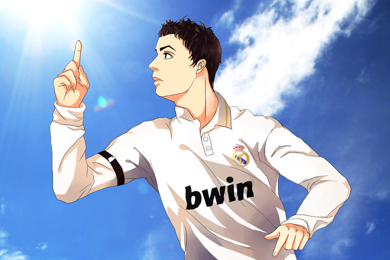 1boy closed_mouth clouds cloudy_sky cristiano_ronaldo day finger_gun hand_up hrsaky long_sleeves outdoors real_life real_madrid short_hair sky soccer soccer_uniform solo solo_focus sportswear uniform