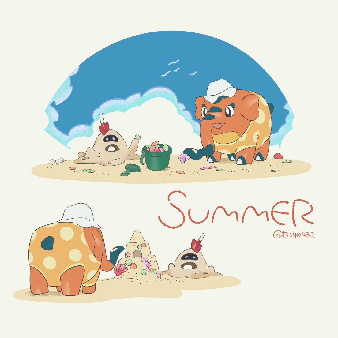 beach black_eyes bright_pupils clothed_pokemon clouds commentary_request cufant day looking_down no_humans outdoors pokemon pokemon_(creature) sand sand_castle sand_sculpture sandygast seashell shell sky standing summer tsuruba_(tsu41014812) white_headwear white_pupils