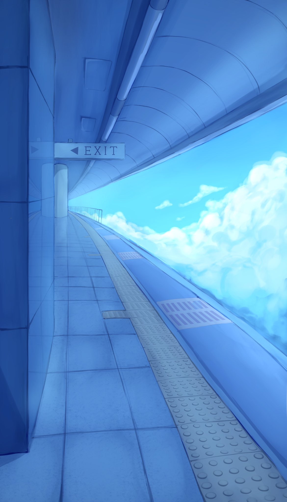 blue_sky bo_cota ceiling ceiling_light clouds cloudy_sky english_text exit_sign highres no_humans original scenery sign sky tile_floor tiles train_station train_station_platform wall