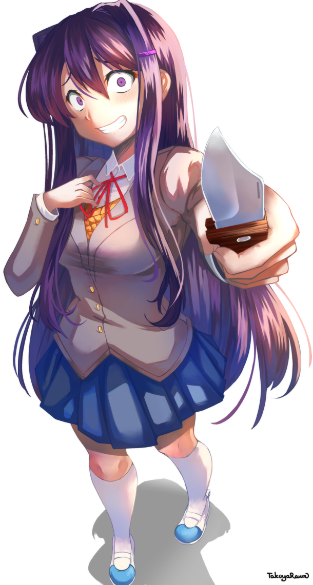 1girl artist_name blazer blue_footwear blue_skirt blush bow bowtie breasts combat_knife commentary commission constricted_pupils crazy_eyes crazy_smile curled_fingers doki_doki_literature_club dress_shirt english_commentary foreshortening from_above grey_jacket grin hair_between_eyes hair_ornament hair_over_shoulder hairclip hand_on_own_chest holding holding_knife holding_weapon incoming_attack jacket knife large_breasts long_hair long_sleeves looking_at_viewer looking_up neck_ribbon parted_lips pleated_skirt purple_hair raised_eyebrows reaching reaching_towards_viewer red_bow red_bowtie red_ribbon ribbon school_uniform shadow shirt shoes sidelocks signature simple_background skirt smile socks solo standing sweater_vest takuyarawr two-tone_footwear uwabaki very_long_hair violet_eyes weapon white_background white_footwear white_shirt white_socks wide-eyed yandere yellow_sweater_vest yuri_(doki_doki_literature_club)