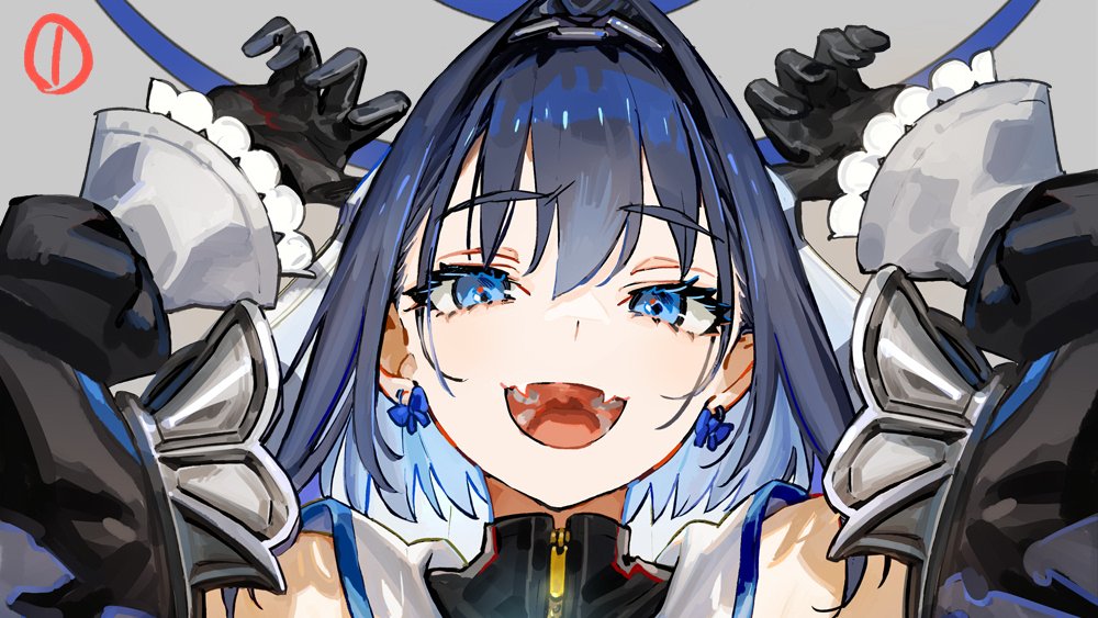 1girl blue_eyes blue_hair breasts chain_headband earrings fangs hair_intakes hololive hololive_english jewelry long_hair looking_at_viewer mixed-language_commentary open_mouth ouro_kronii ribbon_earrings short_hair smile solo virtual_youtuber wada_arco