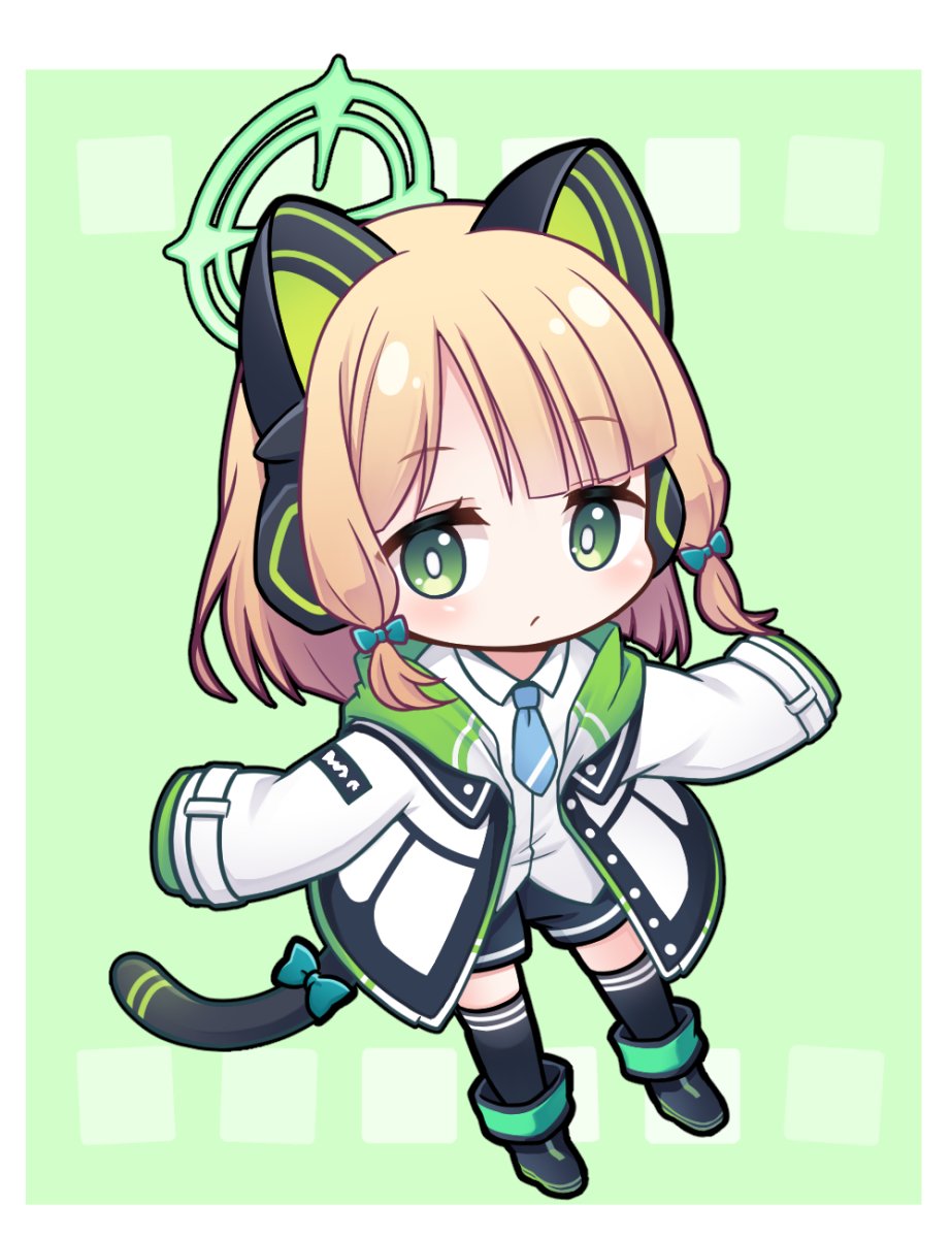 1girl animal_ear_headphones animal_ears black_footwear black_shorts black_thighhighs blonde_hair blue_archive blue_bow blue_necktie boots bow chibi collared_shirt commentary_request dress_shirt fake_animal_ears full_body green_background green_eyes hair_bow halo headphones highres hood hood_down hooded_jacket jacket kadose_ara long_sleeves midori_(blue_archive) necktie open_clothes open_jacket shirt short_shorts shorts sidelocks simple_background sleeves_past_fingers sleeves_past_wrists solo tail tail_bow tail_ornament thigh-highs thighhighs_under_boots white_jacket white_shirt