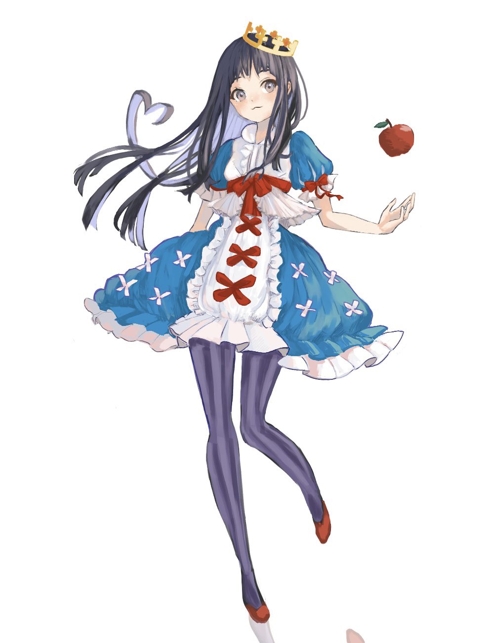 1girl apple aramosaurus black_hair blue_dress bow commentary crown dress food fruit full_body grey_eyes highres long_hair marchen pantyhose puffy_short_sleeves puffy_sleeves purple_pantyhose red_bow red_footwear schneewittchen short_sleeves simple_background solo sound_horizon white_background white_dress