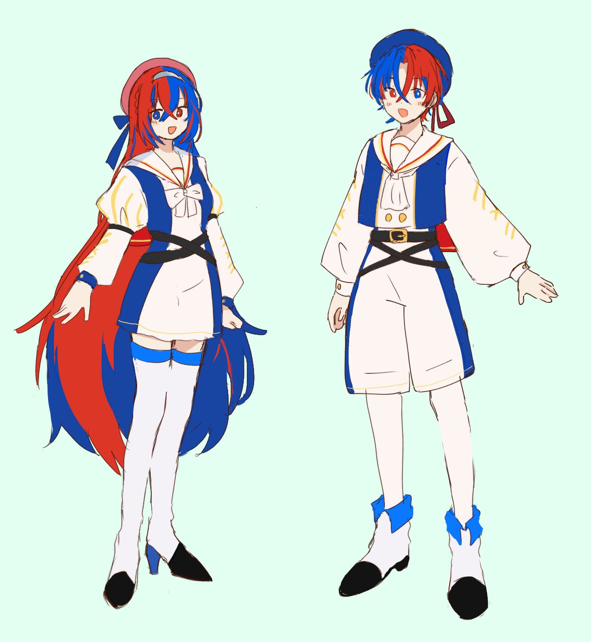 1boy 1girl alear_(female)_(fire_emblem) alear_(fire_emblem) alear_(male)_(fire_emblem) alternate_costume blue_eyes dress fire_emblem fire_emblem_engage hat heterochromia highres ichgomi long_hair long_sleeves multicolored_hair open_mouth red_eyes ribbon sailor_collar short_hair shorts simple_background smile standing thigh-highs two-tone_hair very_long_hair