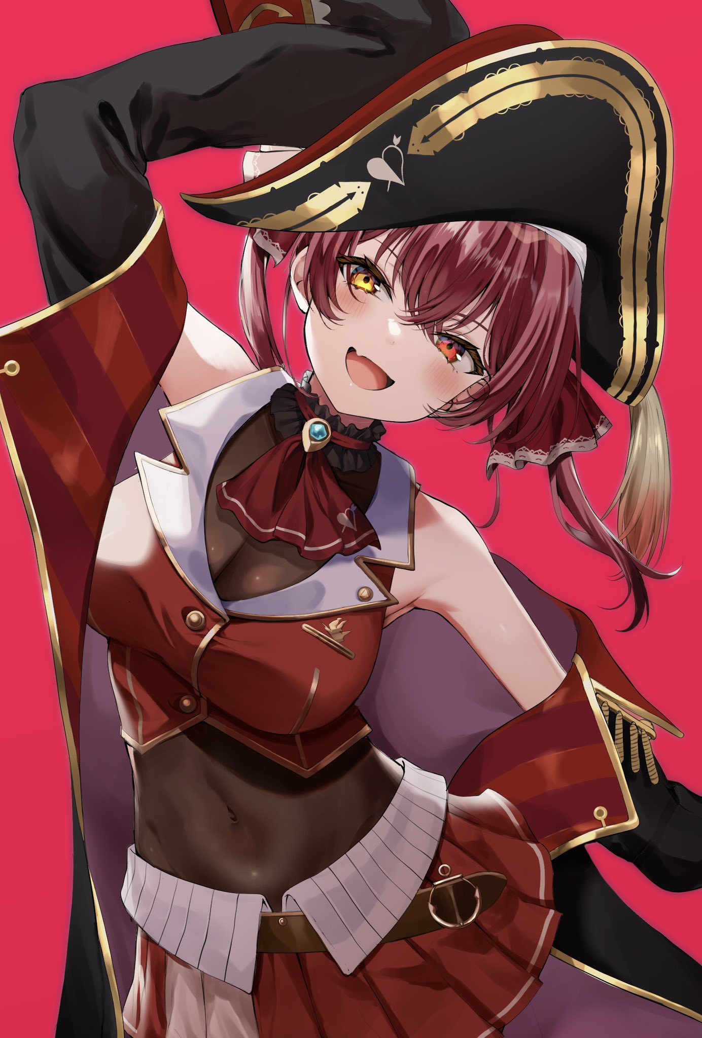 1girl :d arms_under_breasts ascot bare_shoulders belt bicorne black_coat black_headwear blush breasts brooch brown_belt buttons coat coat_partially_removed contrapposto covered_navel cropped_jacket fang frilled_shirt_collar frills gold_trim hair_ribbon hat heterochromia highres hololive houshou_marine jacket jewelry lapel_pin large_breasts leather_belt leotard leotard_under_clothes long_hair looking_at_viewer mia_(fai1510) miniskirt off_shoulder open_mouth pirate pirate_hat pleated_skirt red_ascot red_background red_eyes red_jacket red_ribbon red_skirt redhead ribbon see-through see-through_leotard see-through_midriff short_twintails simple_background skin_fang skirt sleeveless sleeveless_jacket smile solo twintails virtual_youtuber