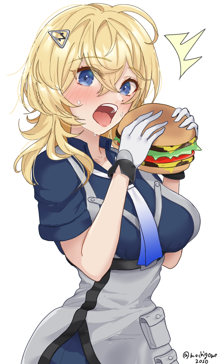 1girl blonde_hair blue_eyes blue_neckerchief blue_shirt blush burger chamumi_(mochiumee) collared_shirt denim denim_skirt eating food gloves gradient_neckerchief gradient_necktie grey_necktie hair_ornament hairclip highres kantai_collection looking_at_viewer medium_hair multicolored_clothes multicolored_gloves neckerchief necktie overskirt shirt simple_background skirt solo tuscaloosa_(kancolle) two-tone_gloves upper_body white_background
