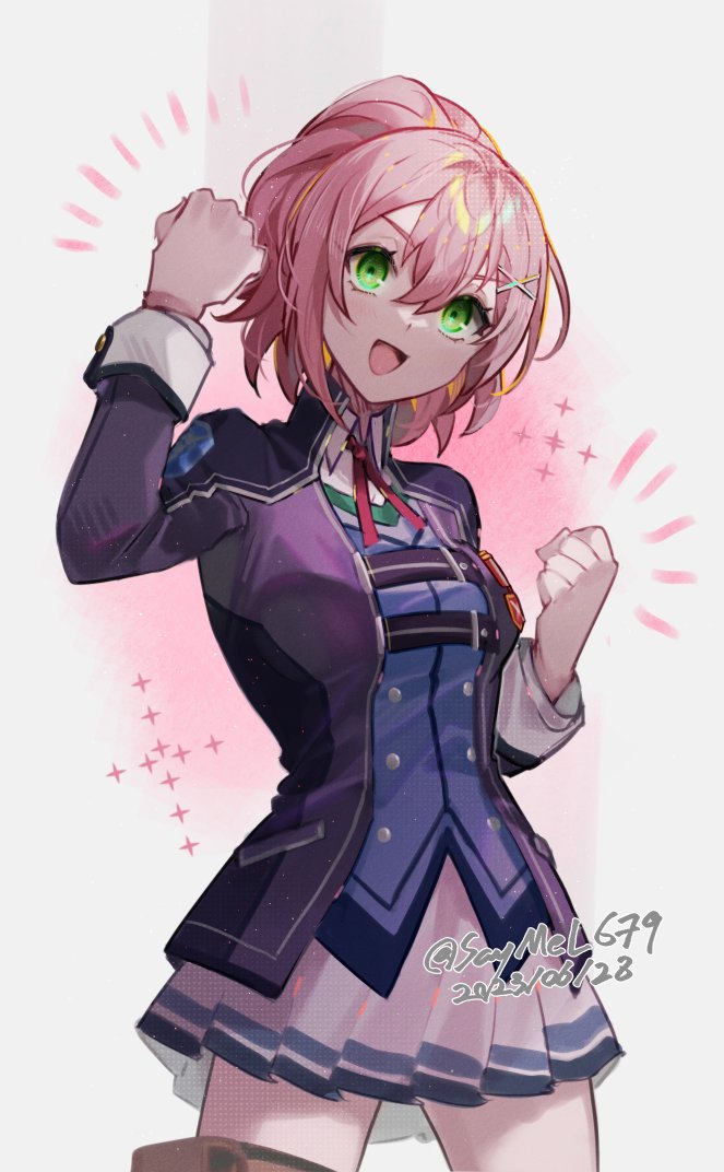 1girl blue_jacket blue_vest bow bowtie breasts buttons clenched_hand clenched_hands eiyuu_densetsu green_eyes hair_between_eyes hajimari_no_kiseki hands_up happy jacket juna_crawford long_sleeves medium_breasts medium_hair open_clothes open_jacket open_mouth pink_hair pleated_skirt ponytail raised_fist red_bow saymel679 school_uniform sen_no_kiseki sen_no_kiseki_iii shirt simple_background skirt sleeves_past_wrists smile thors_military_academy_branch_campus_uniform tongue uniform vest white_background white_shirt white_skirt