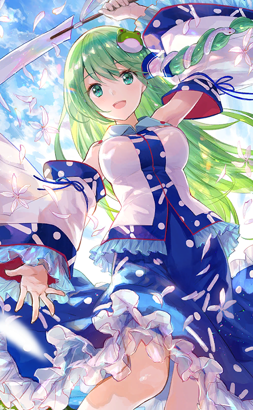 1girl arm_up armpit_peek blue_collar blue_ribbon blue_skirt blue_sky clouds collar collared_shirt detached_sleeves eyelashes falling_petals flower frilled_shirt frilled_skirt frilled_sleeves frills frog_hair_ornament fuzichoco gohei green_eyes hair_ornament holding holding_gohei kochiya_sanae long_hair long_sleeves looking_at_viewer nontraditional_miko official_art open_mouth outstretched_hand petals reaching reaching_towards_viewer ribbon shirt single_hair_tube single_sidelock skirt sky sleeve_ribbon sleeveless sleeveless_shirt smile snake_hair_ornament teeth touhou touhou_cannonball upper_teeth_only white_flower white_shirt white_sleeves wide_sleeves